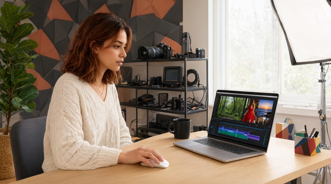 A video editor reviews horizontal and vertical video versions on a laptop in a bright home studio.