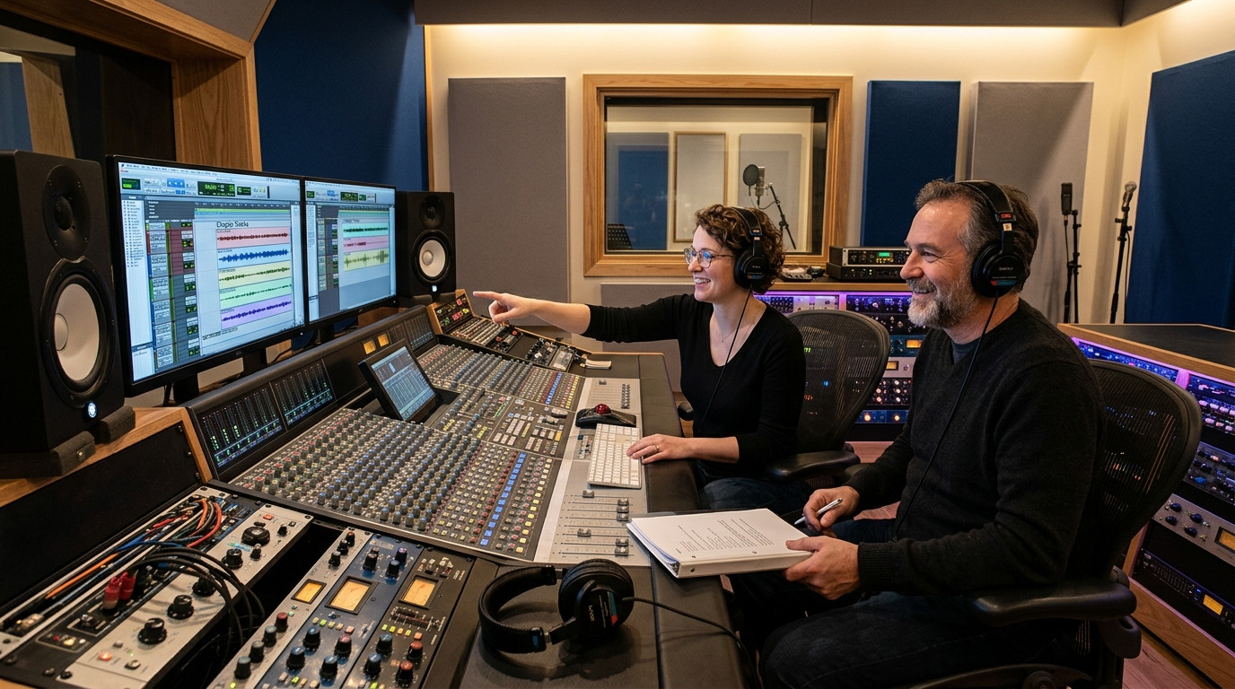 An audio producer and narrator sitting at an audio mixing console in a sound studio reviewing chapter tracks with focused satisfaction.