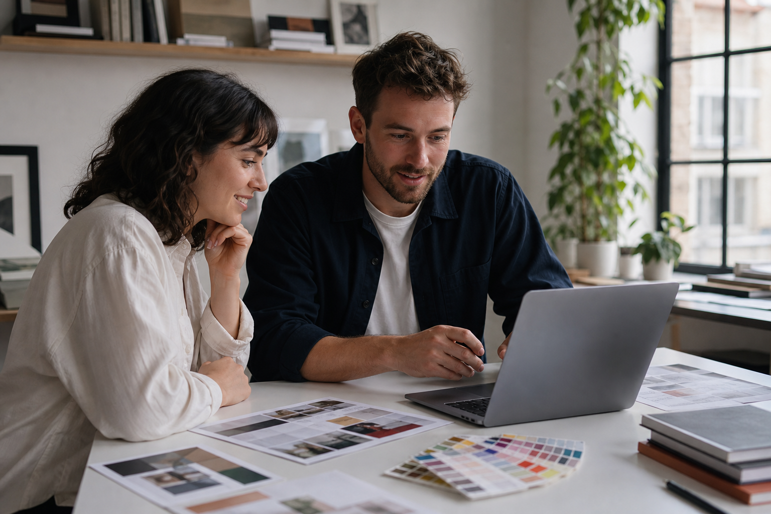 Designer and client reviewing creative feedback together at a bright studio desk