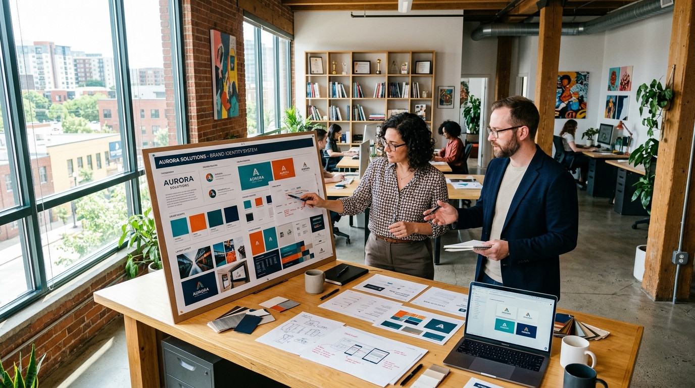Graphic design studio director and brand strategist in a sunlit creative workspace examining a large printed brand identity board while reviewing proof revisions with clear professional focus