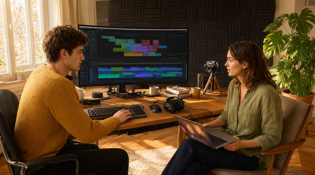 A video editor and a client reviewing a rough cut together at a desk with an editing timeline on screen.