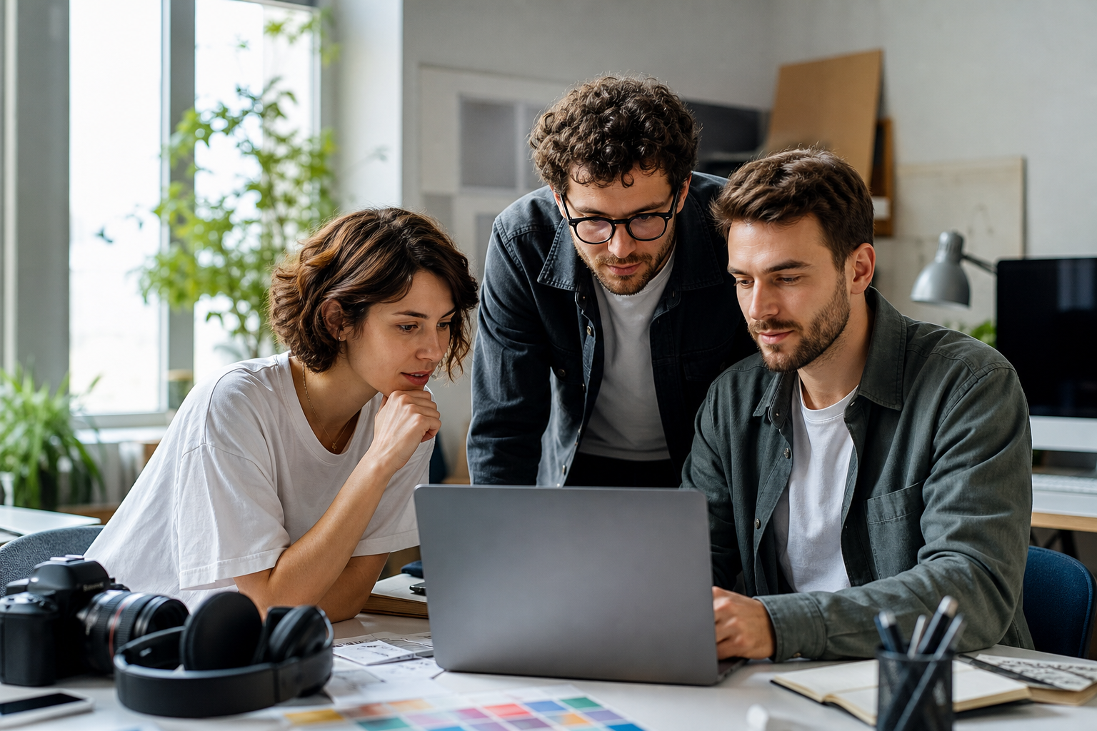 Small creative team reviewing client approval feedback on a laptop in a bright modern studio