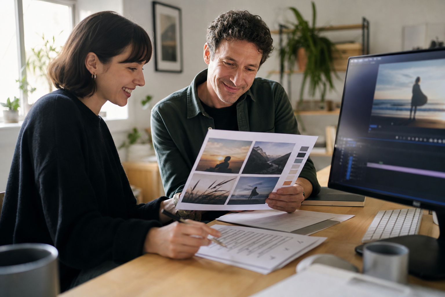 Freelancer and client reviewing mixed creative proofs in a bright studio before final approval