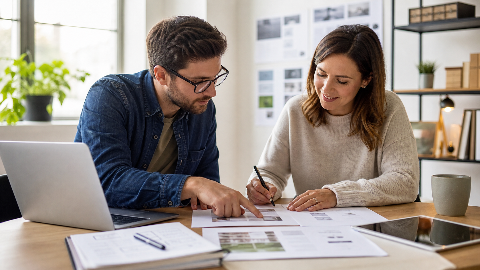 Web designer and client reviewing printed website proofs together before signing off on a final design version