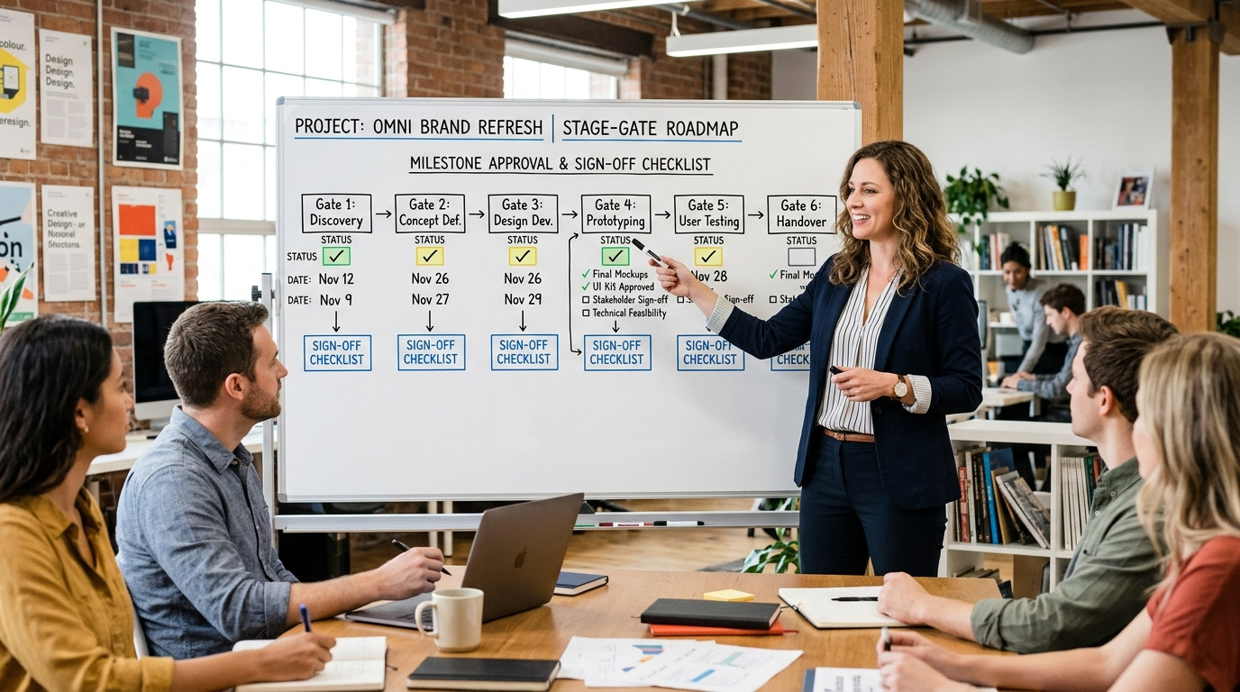 A wide-angle landscape shot (16:9 aspect ratio) depicting a freelance designer and client in a bright small studio jointly reviewing printed design proofs, agreeing on a final marked version with relieved, confident expressions, natural lighting and shallow depth of field