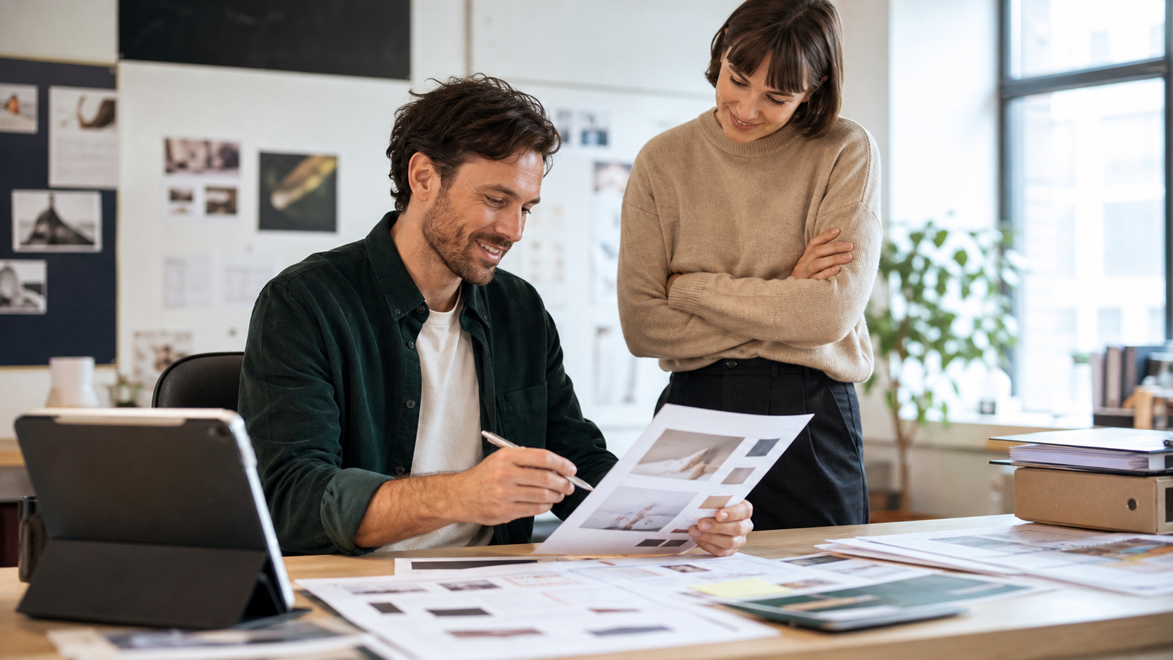 Freelance designer and small agency lead reaching agreement on a creative proof in a bright studio workspace