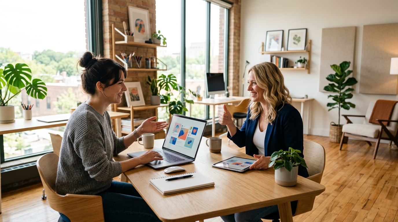 Freelancer and client reviewing social media graphics in a modern studio, both smiling and giving thumbs up