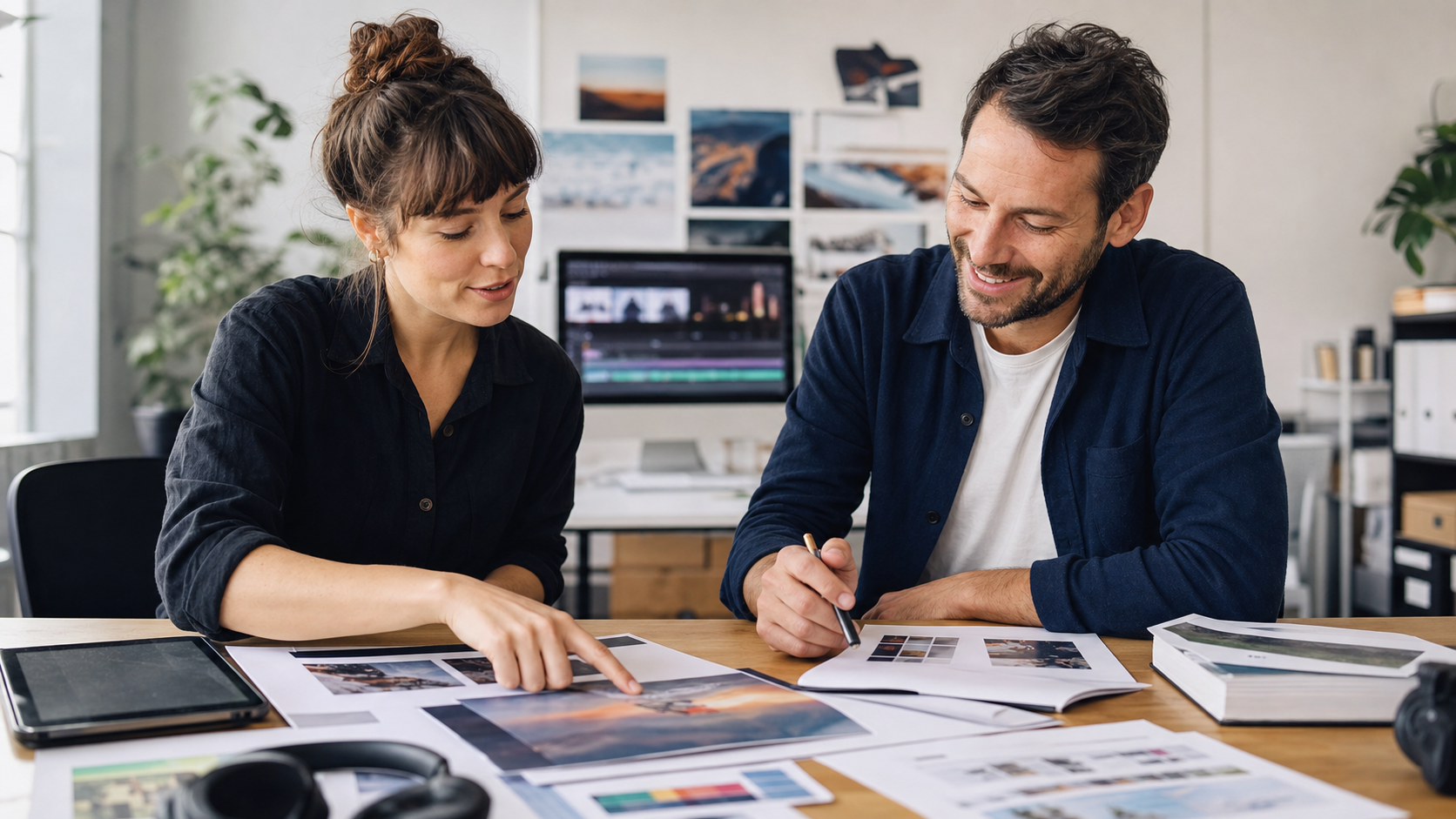 Freelancer and client approving a creative proof together in a bright studio workspace