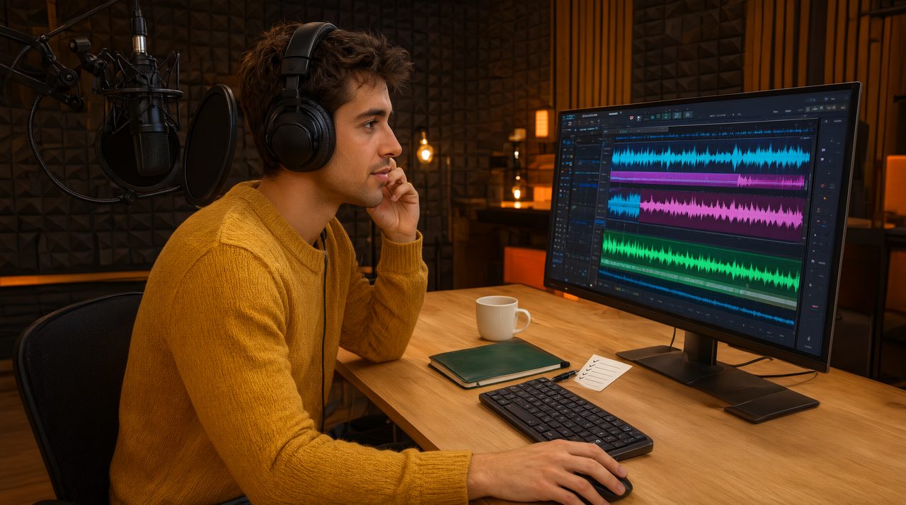 A podcast producer wearing headphones reviews an audio waveform on a large monitor at a studio desk.