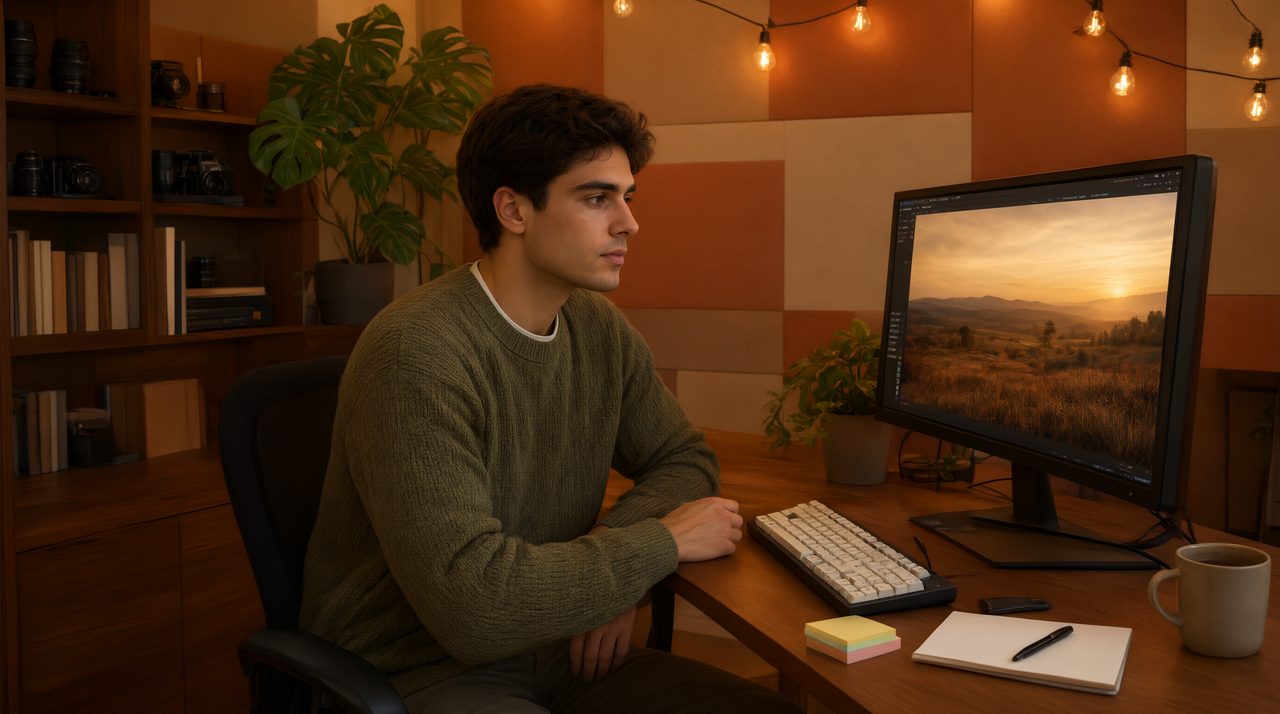 A freelance video editor reviewing a finished video project at a desk in a warm home studio.