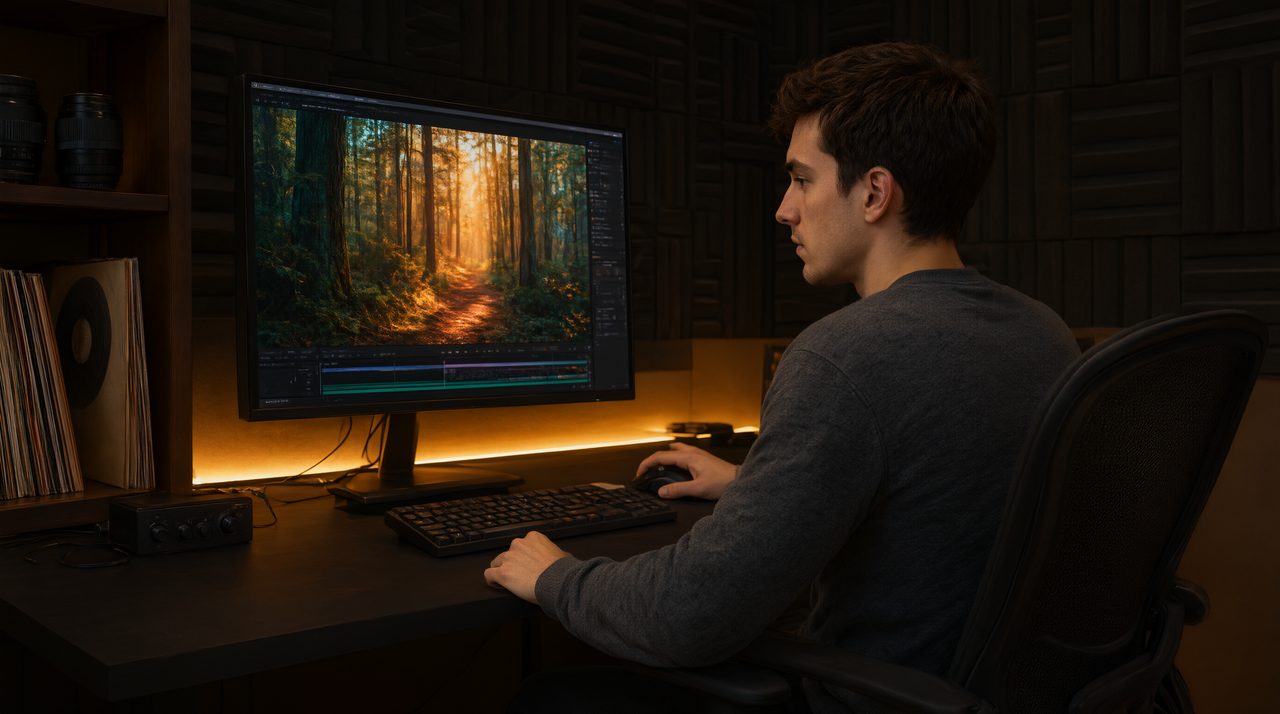 A freelance video editor reviews a color graded scene on a large studio monitor.