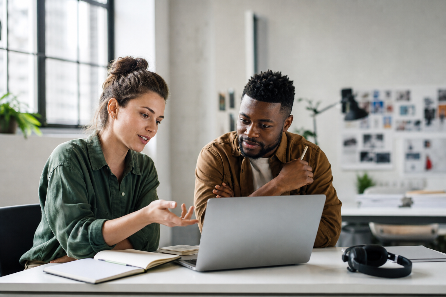 Freelancer and teammate reviewing client feedback together on a laptop in a bright creative studio