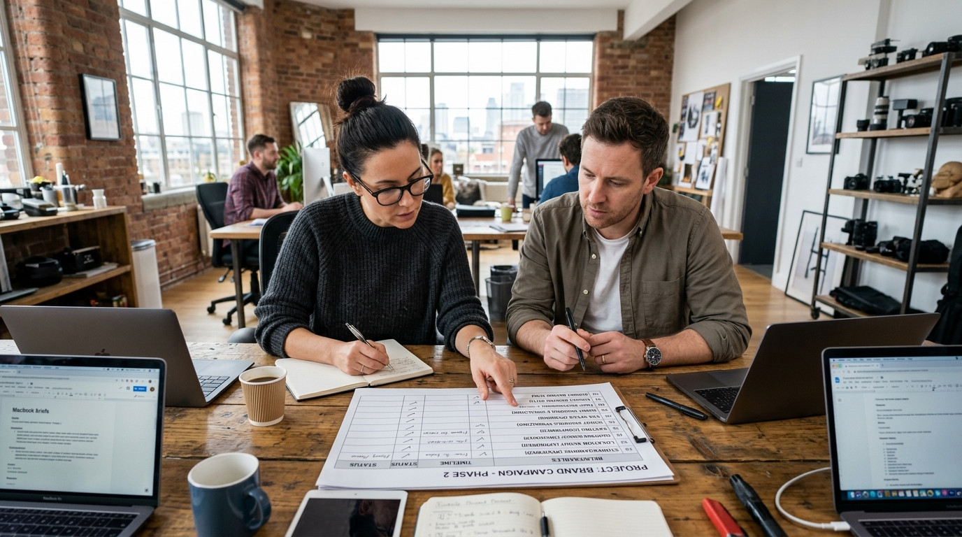 A focused creative director and agency producer reviewing a structured project checklist at a bright studio workstation