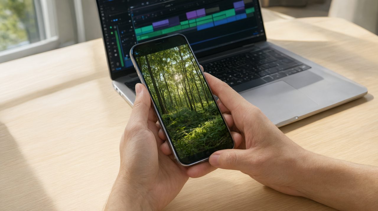 A client holding a smartphone showing a video while a laptop with a video timeline sits on a desk behind it.
