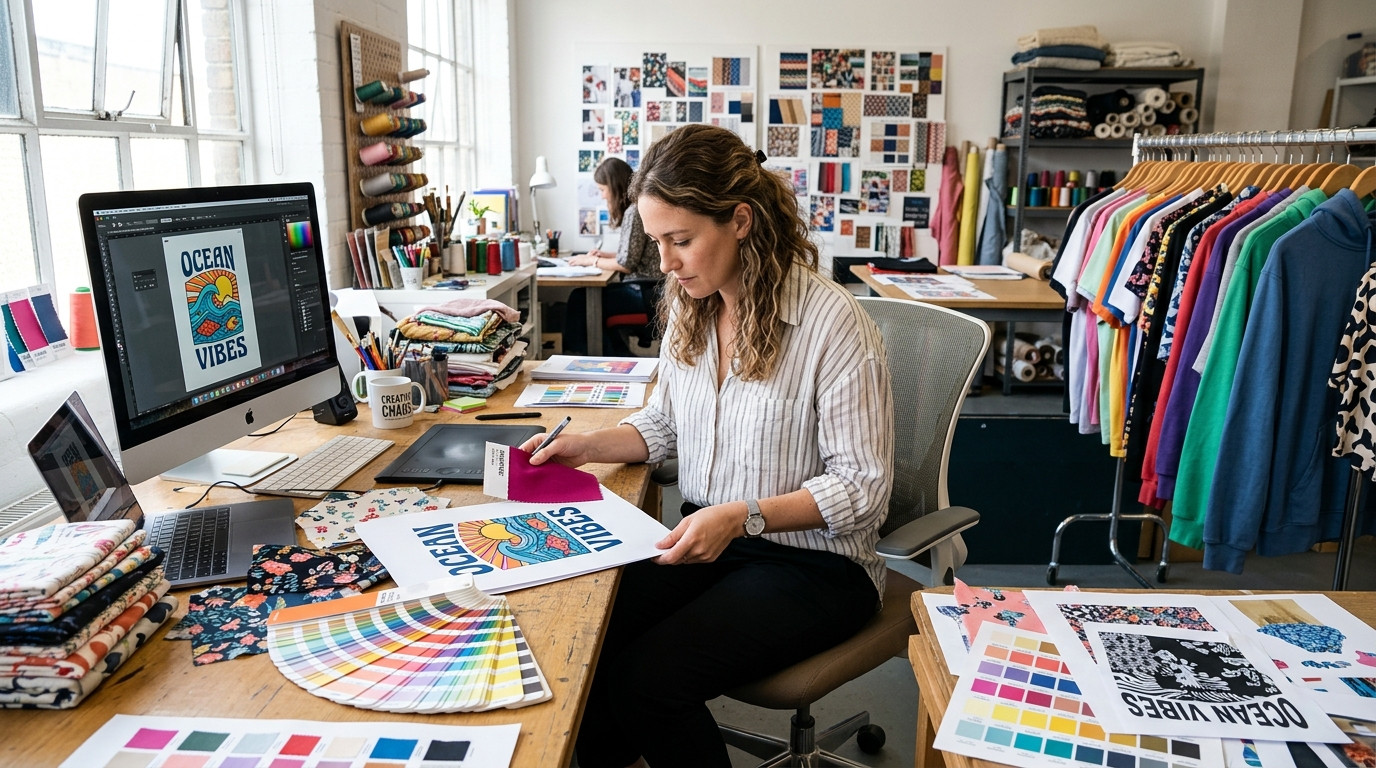 Apparel graphic designer reviewing garment print proofs and color swatches with focused attention at a bright studio workstation