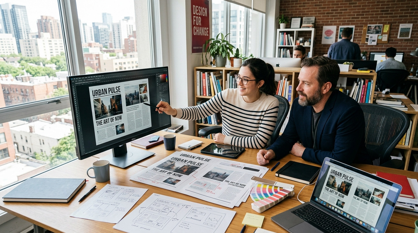 Editorial designer and creative director reviewing digital magazine layout proofs together at a sunlit agency desk