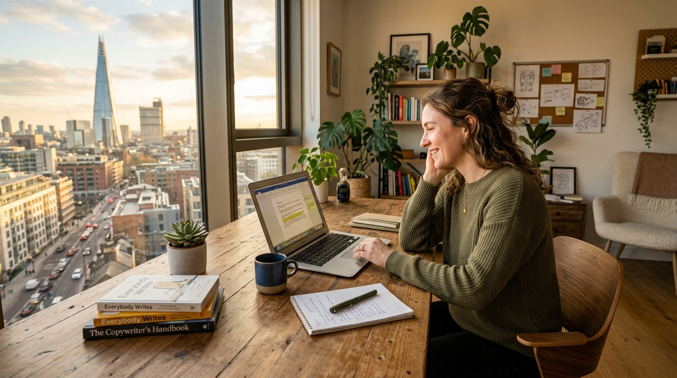 A freelance copywriter in a sunlit studio reviewing client feedback on a laptop desk with a calm, relieved expression