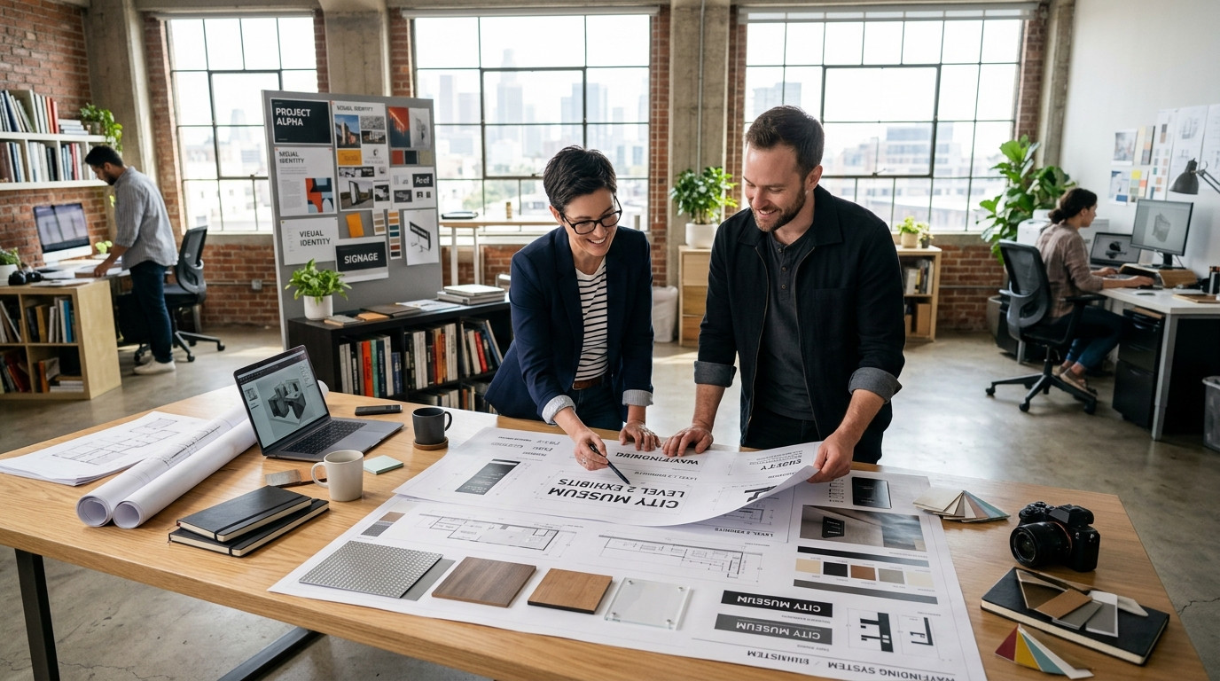 Creative director and spatial graphic designer in a modern studio reviewing architectural signage proofs together with focused relief
