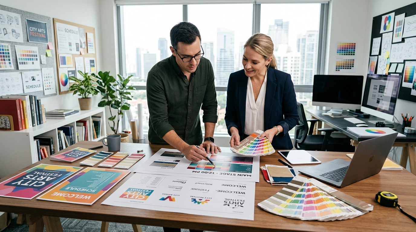 A focused graphic designer and an event coordinator standing together reviewing printed signage proofs and color swatches on a clean studio table