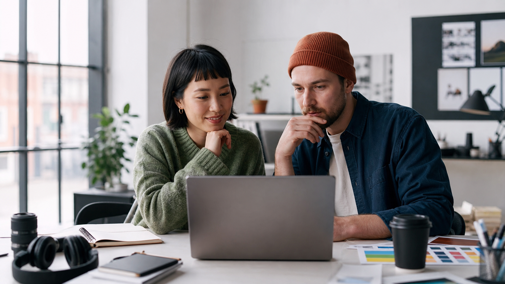 Freelancer and designer reviewing client feedback on a laptop in a bright modern studio