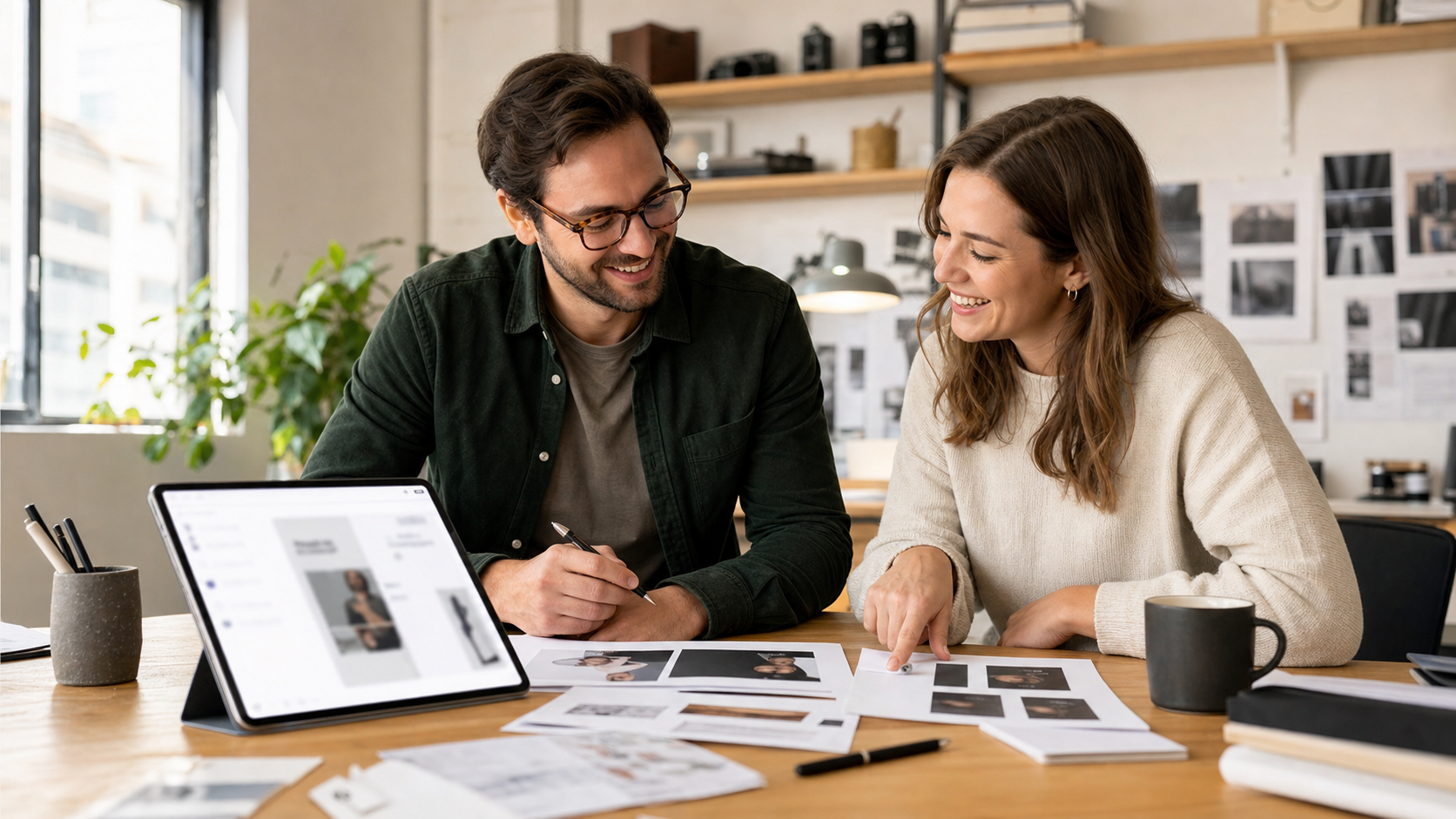 Freelancer and client reviewing proof versions together in a bright studio after reaching approval