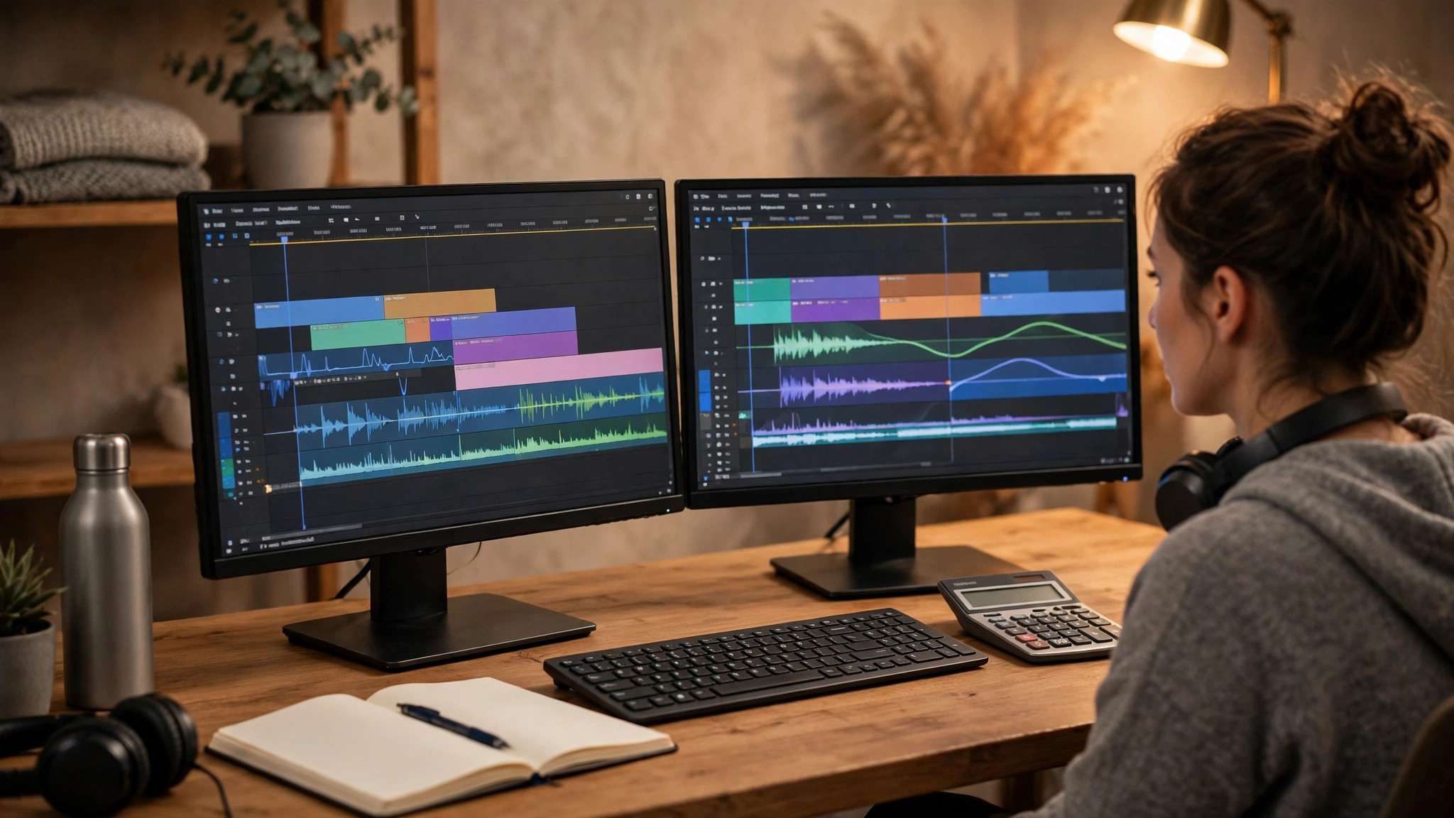 A freelance video editor at a desk reviewing client notes beside an invoice for an extra revision round.