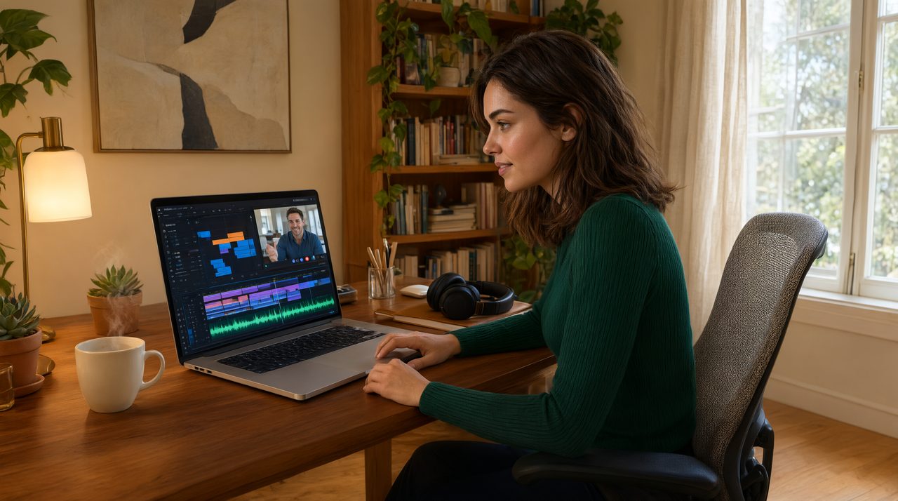 A video editor and a client reviewing a video timeline together on a laptop during a live call.