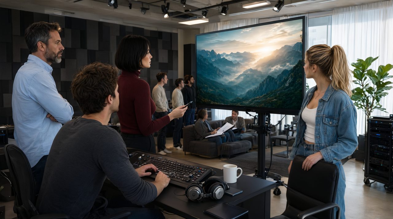 A video editing team reviewing a cut together on a large monitor in a bright studio.
