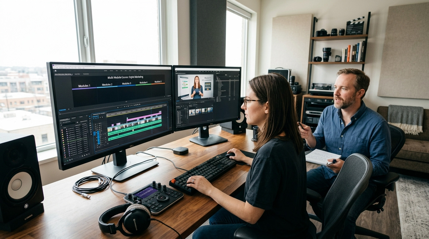 A focused video editor reviewing a multi-module course timeline on dual monitors while a calm client provides clear notes beside the desk in a bright edit suite
