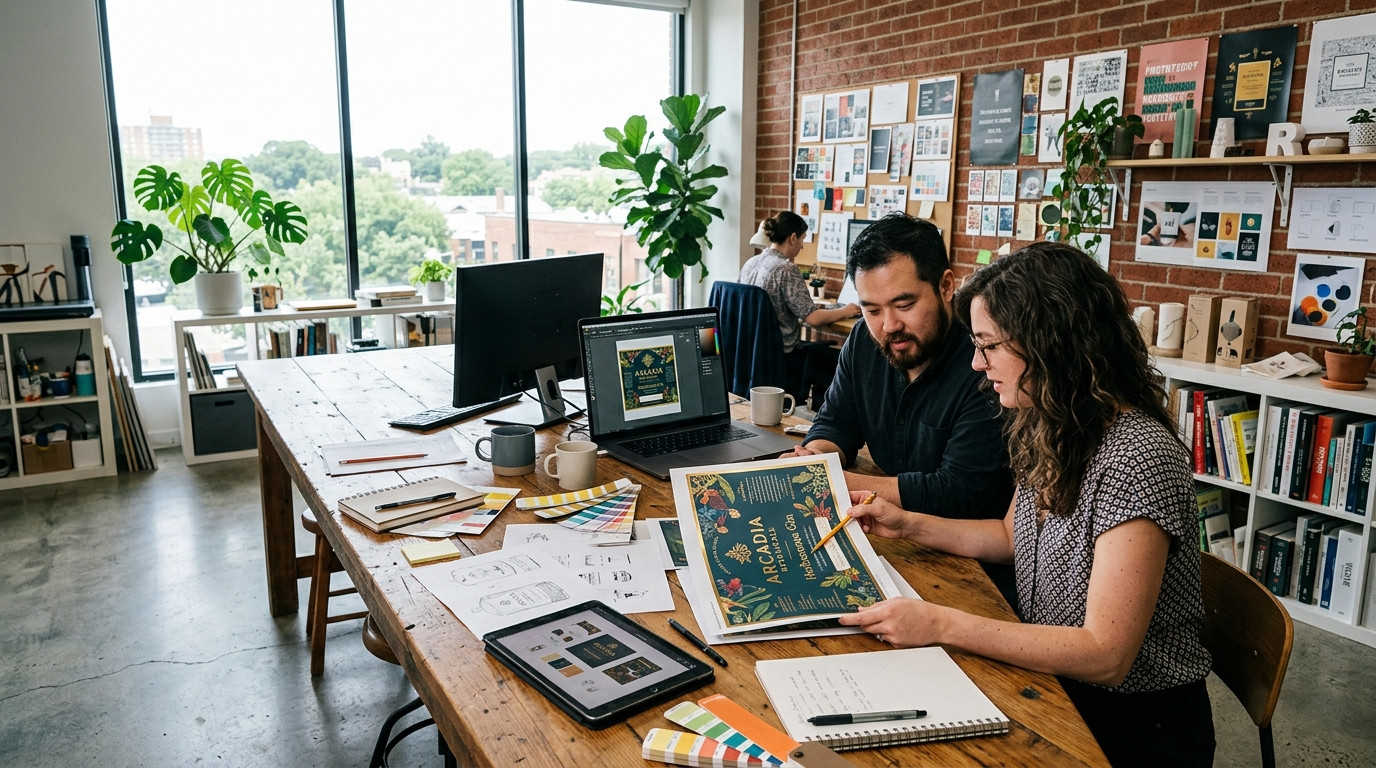 Graphic designer and branding studio partner reviewing a physical packaging label proof with focused attention at a modern studio worktable
