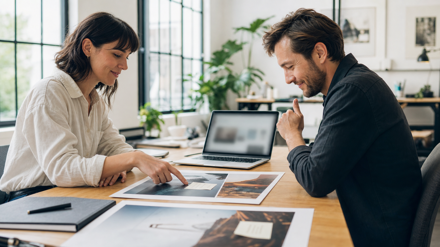Freelance designer and client reviewing marked design proofs during a calm approval meeting in a bright studio.