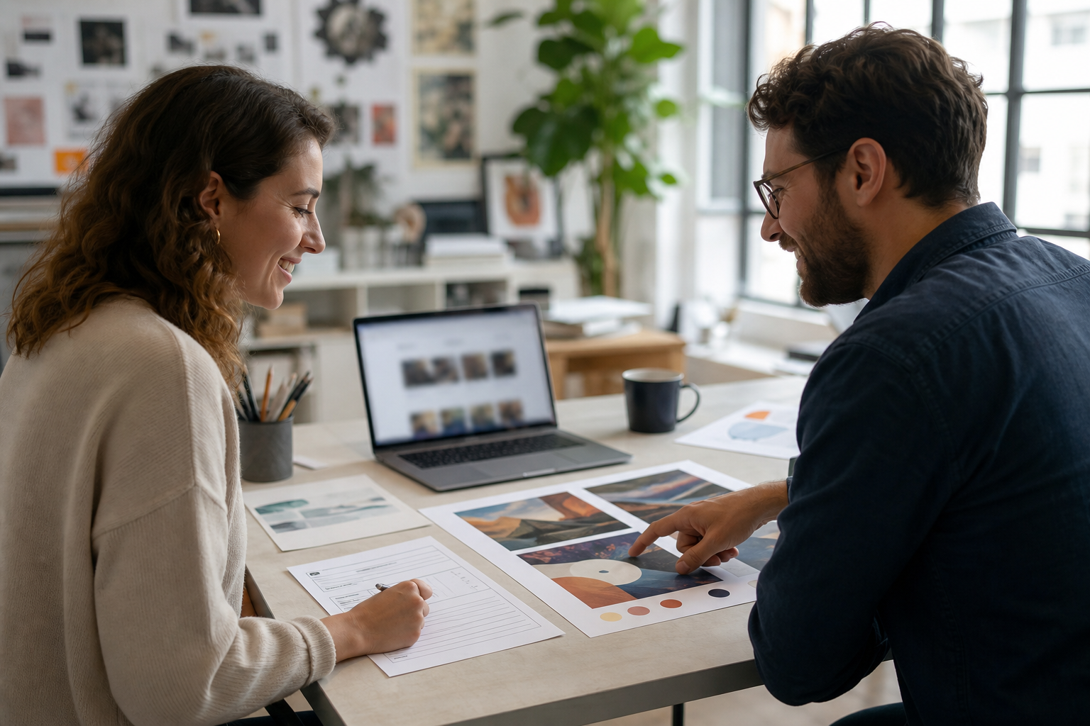 Freelancer and client reviewing a proof approval form beside final design proofs in a bright studio before sign-off.