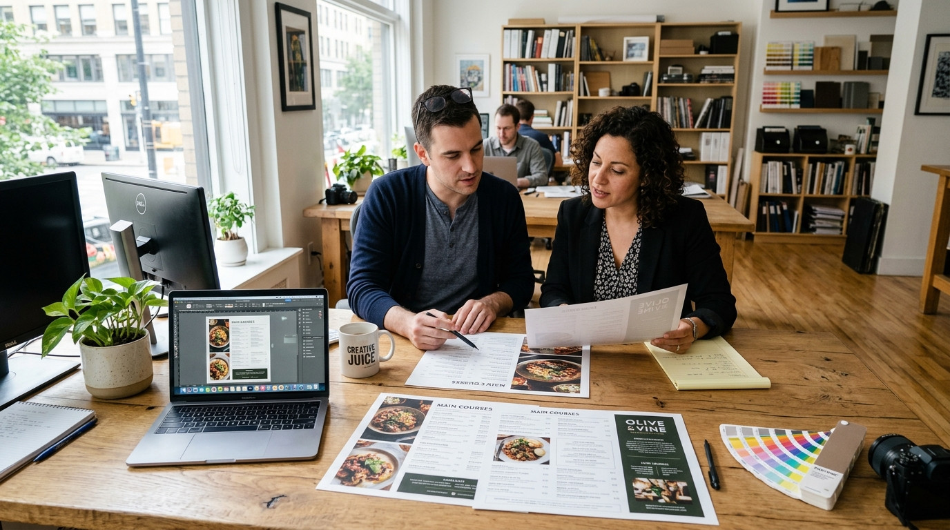 A focused graphic designer and a restaurant manager reviewing high-resolution printed paper menu proofs together across a wooden design studio table under soft natural light.