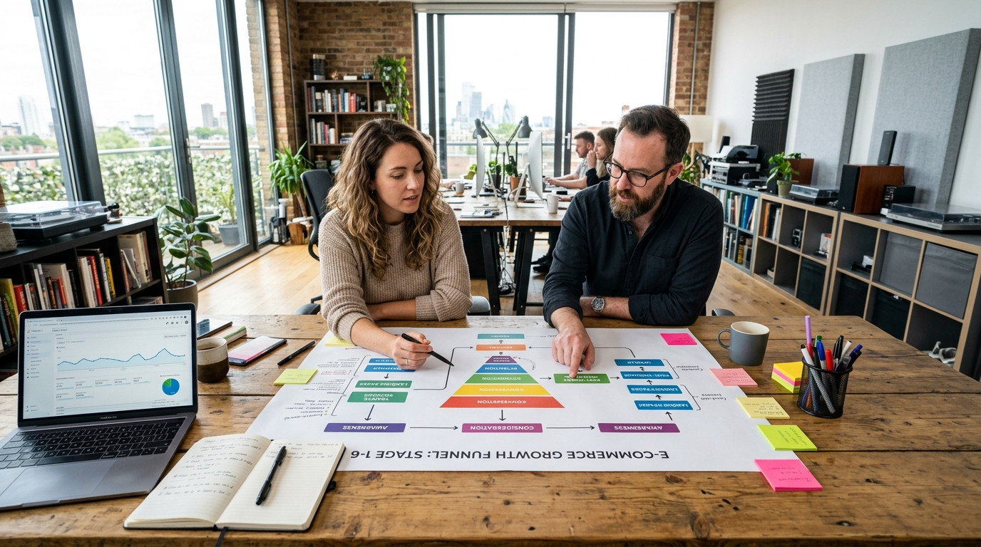 A freelance conversion designer and creative strategist reviewing a printed multi-step sales funnel flowchart in a brightly lit modern studio workspace.