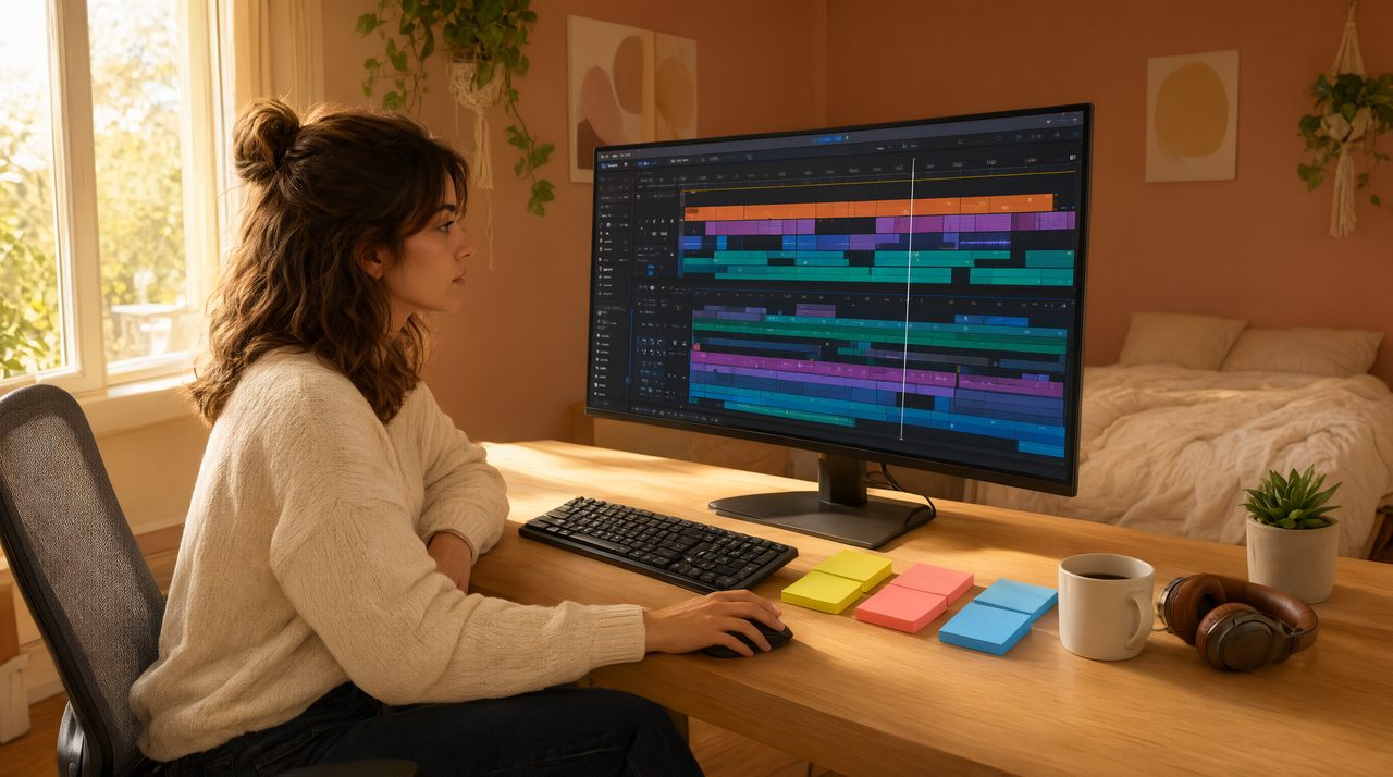 A freelance video editor sorts color coded sticky notes beside a monitor showing a video editing timeline.