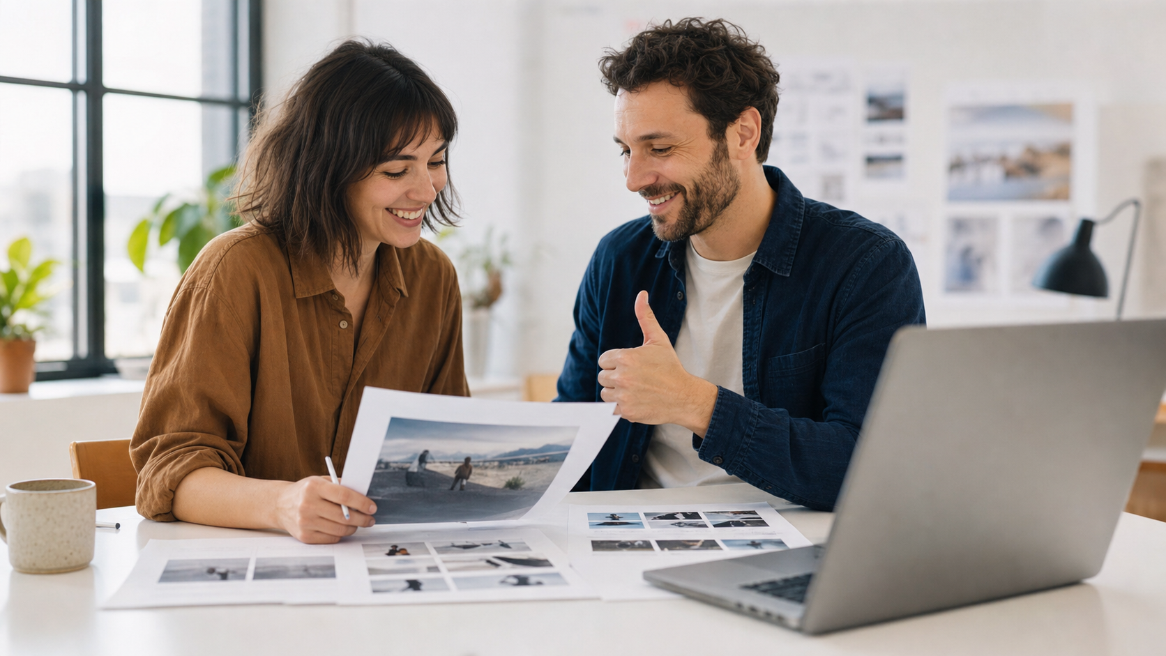 Freelance designer and project manager agreeing on final creative approval in a bright modern studio