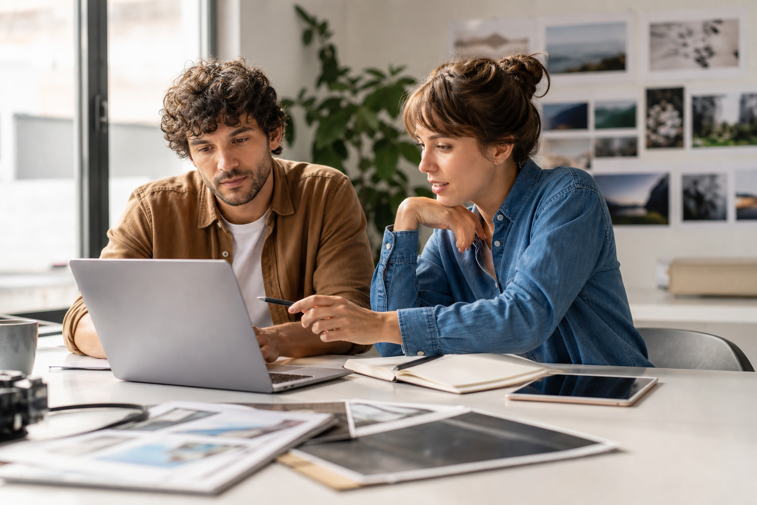 Small creative team reviewing client approval feedback on a laptop in a bright studio