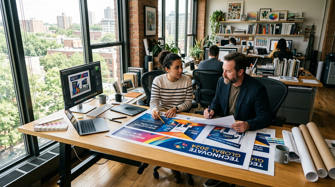 Graphic designer and client reviewing trade show booth print proofs at a sunlit design studio desk