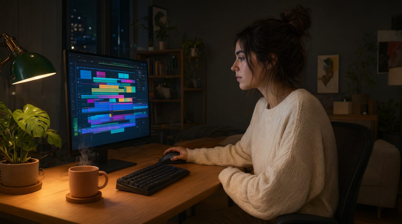 A freelance video editor working at a desk at night with a deadline clock on screen while finishing a rush revision.