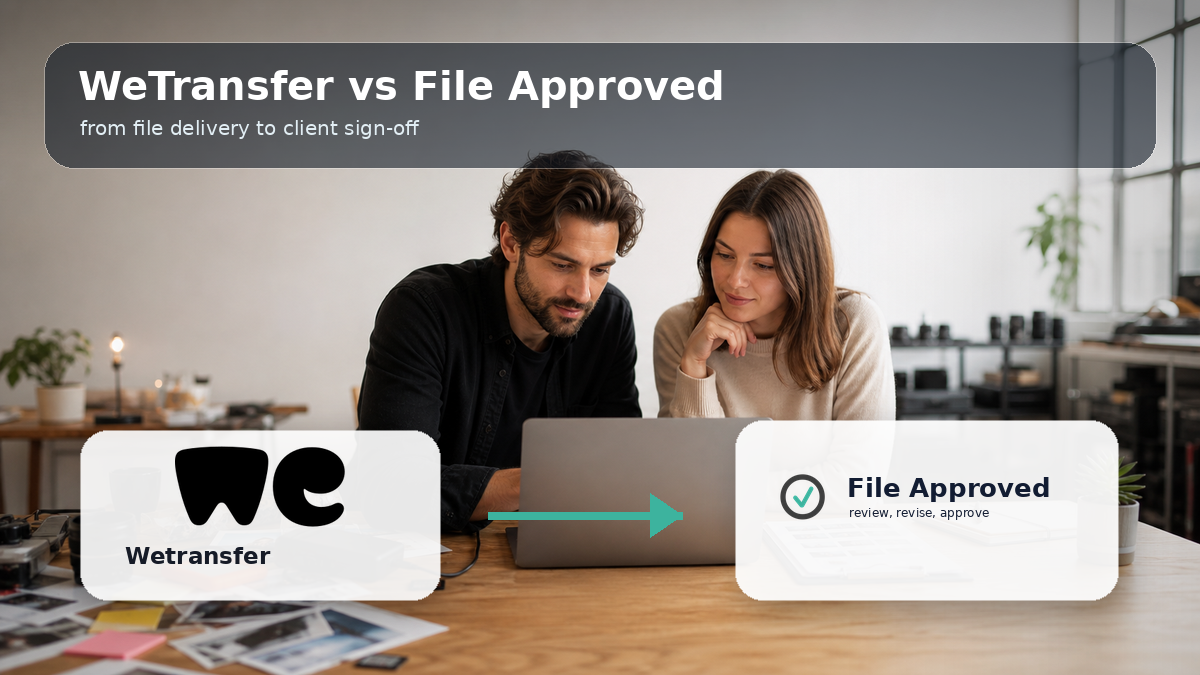 Branded comparison graphic showing the WeTransfer logo beside the File Approved logo for client approval workflows