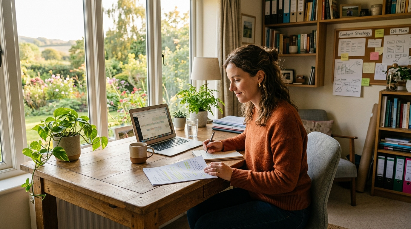 A freelance content strategist sitting at a sunlit wooden desk reviewing document notes with a calm and confident expression