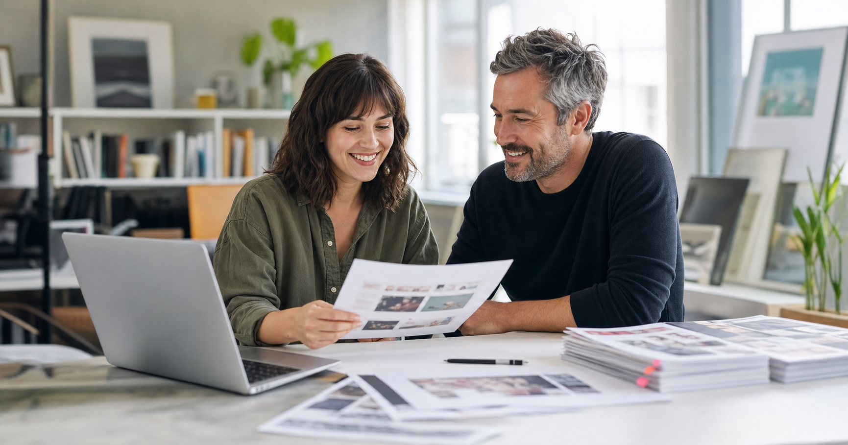 Freelance designer and client reviewing a printed proof together in a bright studio before approving the final version.